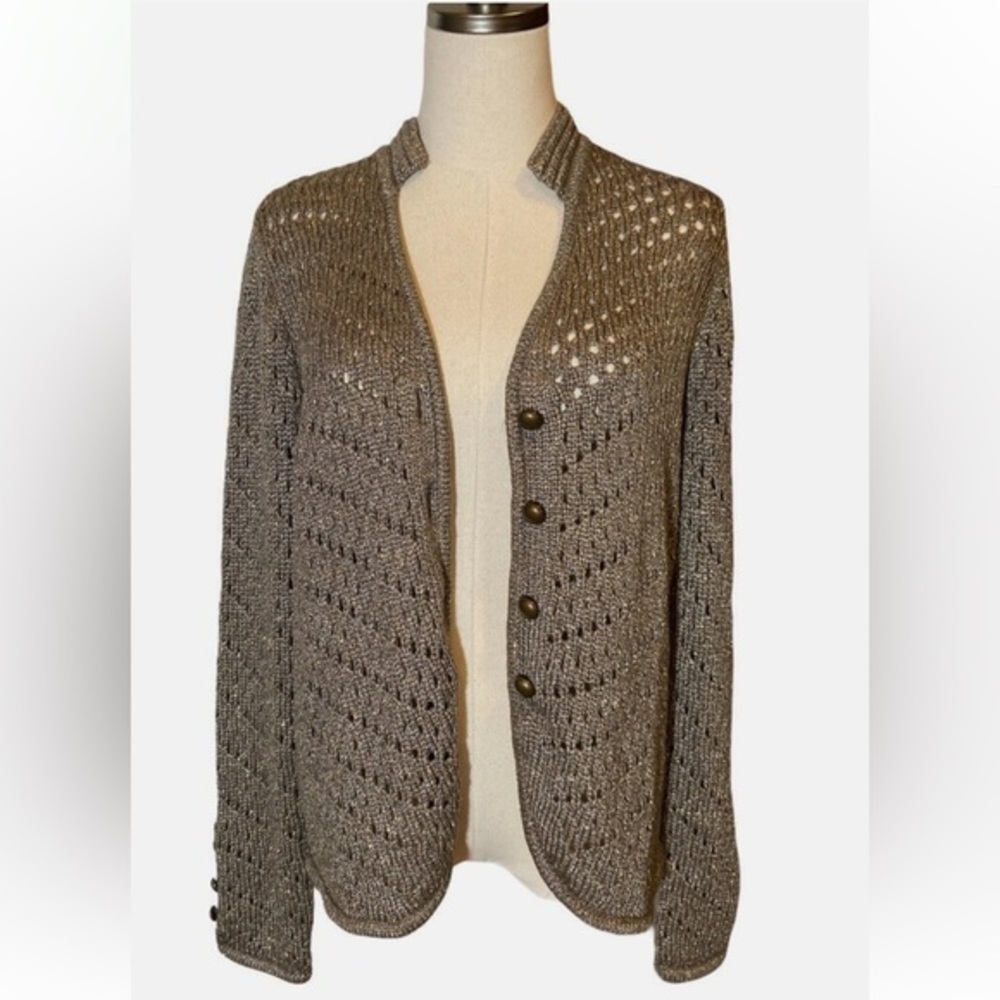 Chico’s Florence Caridigan Sweater‎ Vanity Size 1 Gold Woven Mature Office Wear